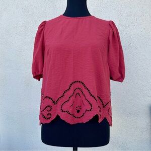 New Adrianna Papell Eyelet Scallop Hem Puff Sleeve Blouse in XS Rose